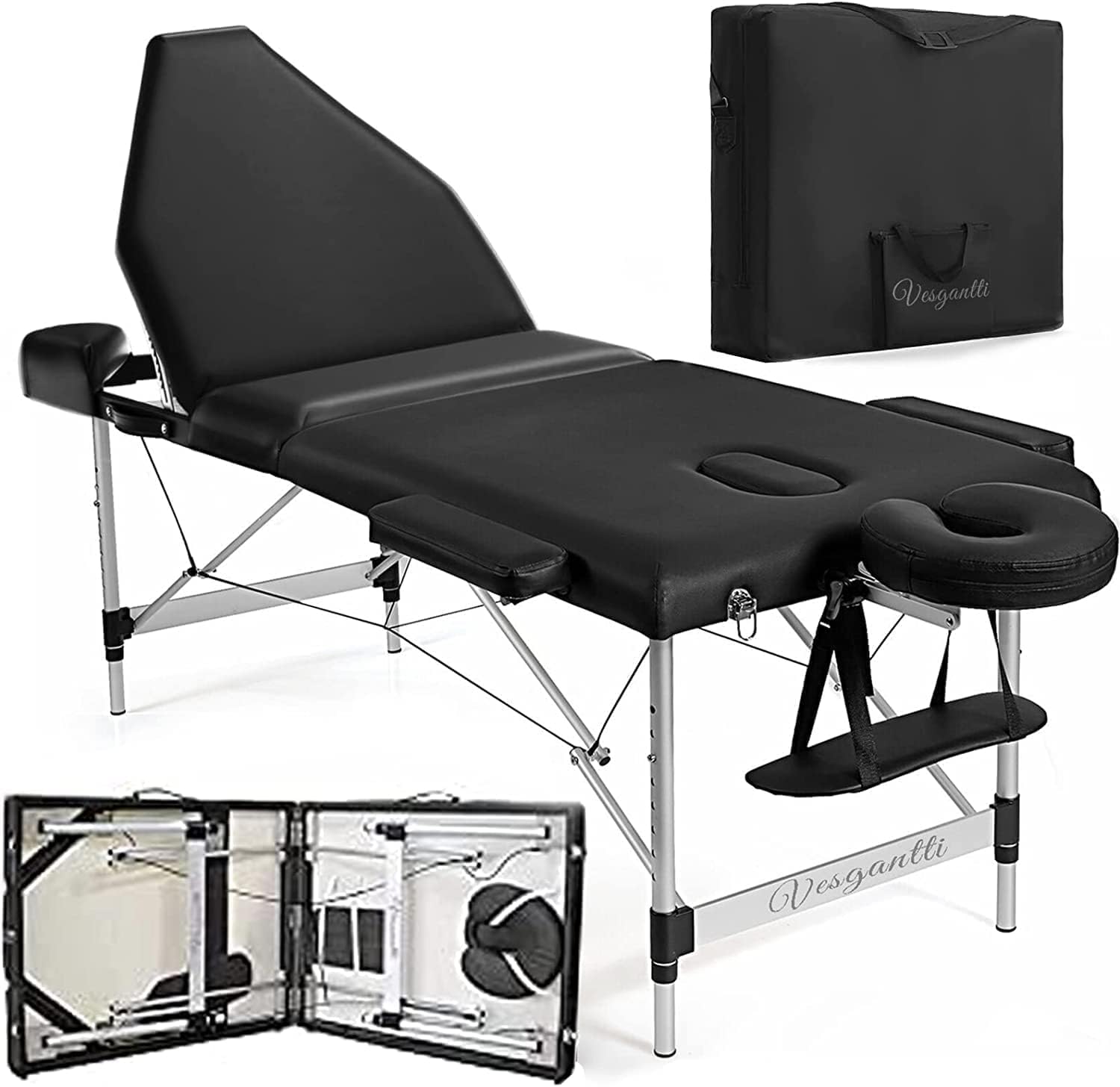 Vesgantti Portable Massage Table 60cm Width 3 Sections Black