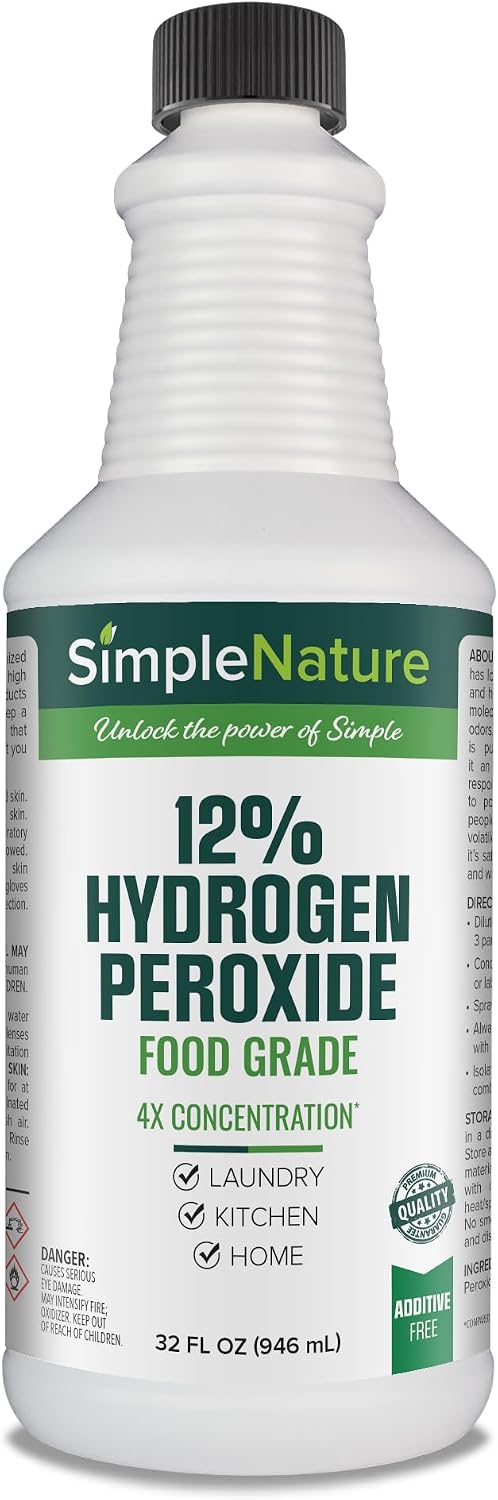 SimpleNature 12% Food Grade Hydrogen Peroxide (32 fl oz) - Natural Multipurpose Cleaner - Made in USA - Ideal for Commercial, Residential, Kitchen, Bath, Laundry, and More