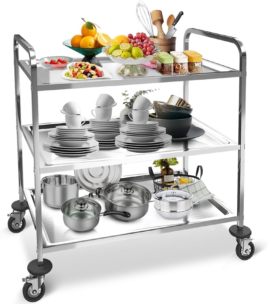 3 Tier Stainless Steel Cart, Utility Cart on Wheels, Kitchen Storage Cart, Service Carts for Restaurants, Kitchens, Warehouses, Hotels and Commercial Use, 400lbs, 29.5" L *15.7" W *32.6" H.