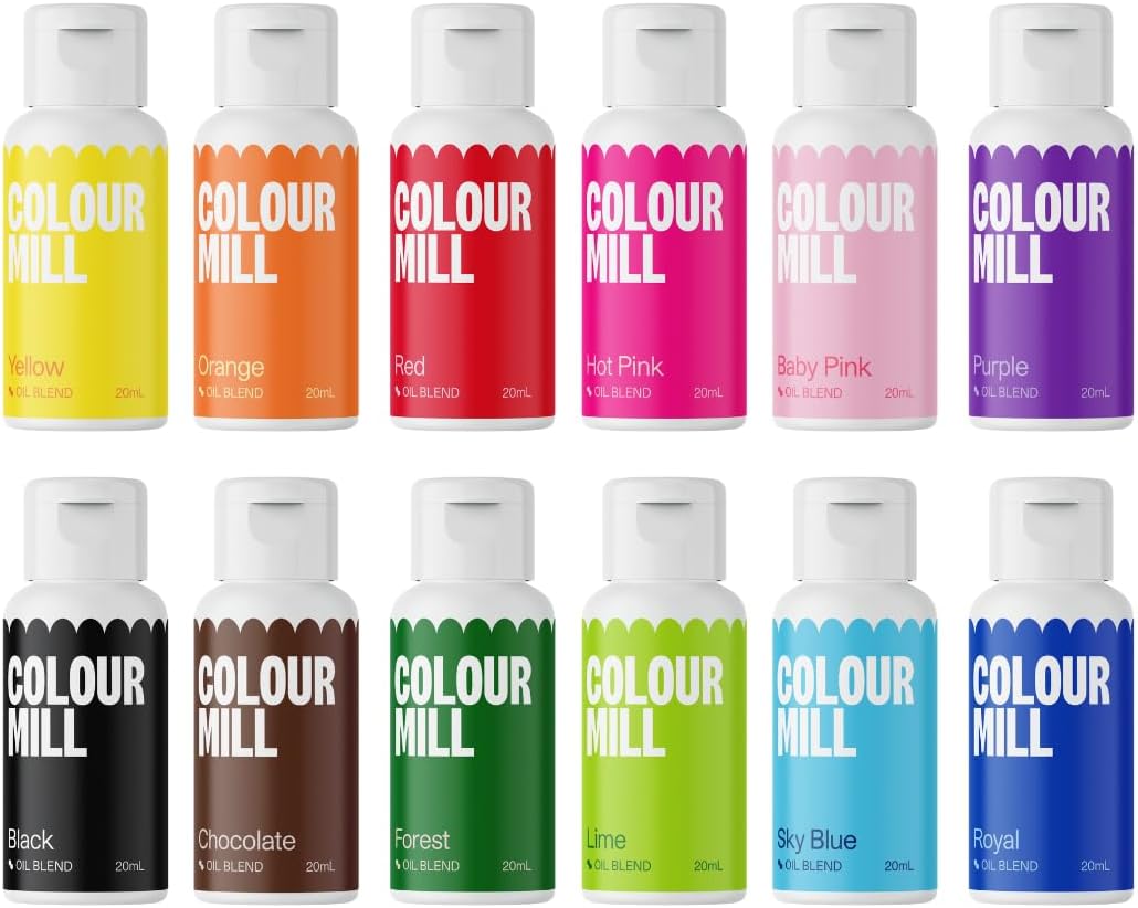 Colour Mill Oil Blend Food Colouring Set Kickstarter - Next Generation Food Colours: Yellow, Orange, Red, Hot Pink, Baby Pink, Purple, Blac, Chocolate, Forest, Lime, Sky Blue, Royal - Set 12 x 20 ml