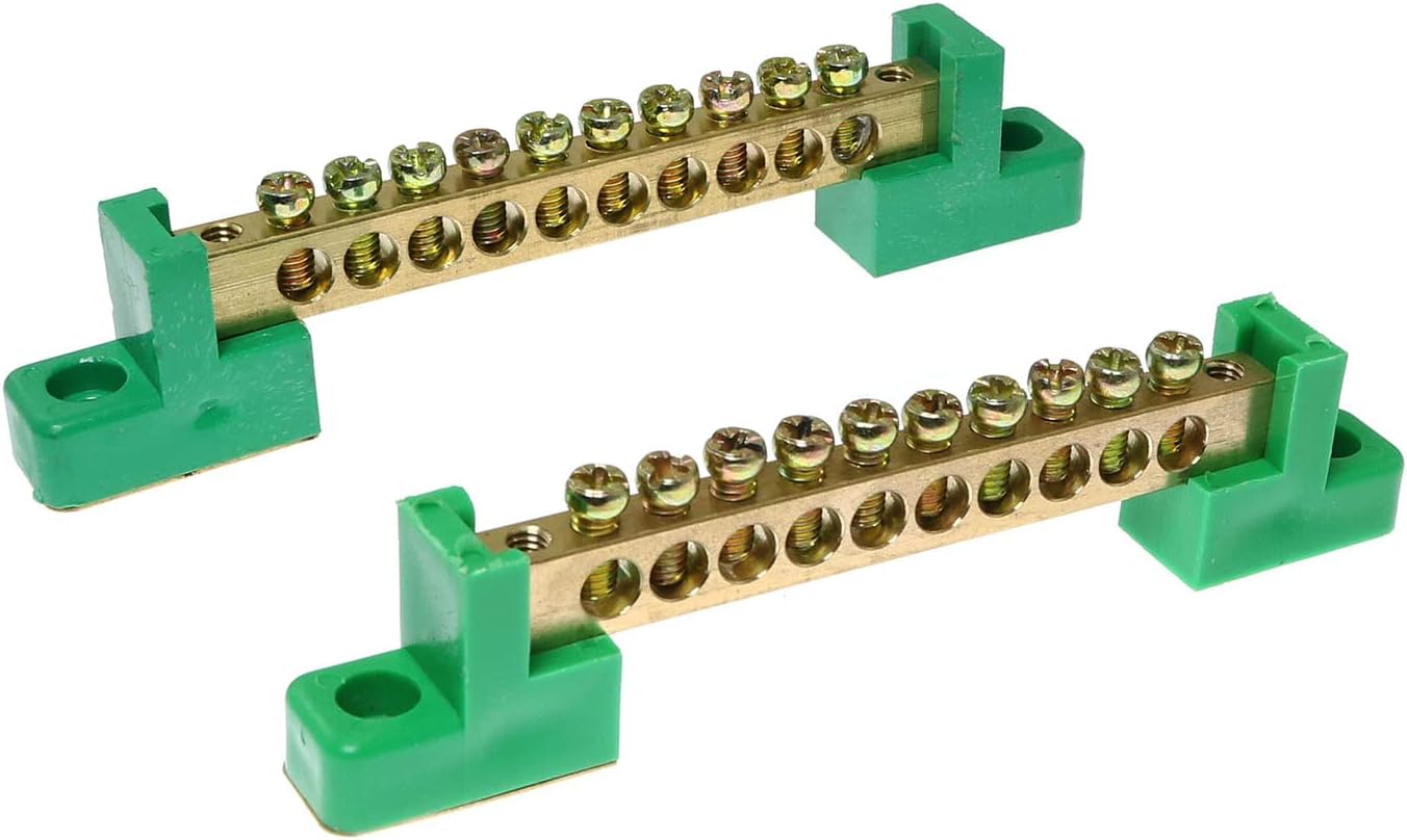 RLECS 2pcs 10 Positions Terminal Bus Bar Terminal Block Brass Wire Screw Terminal Grounding Strip Bus Bar Block, Green