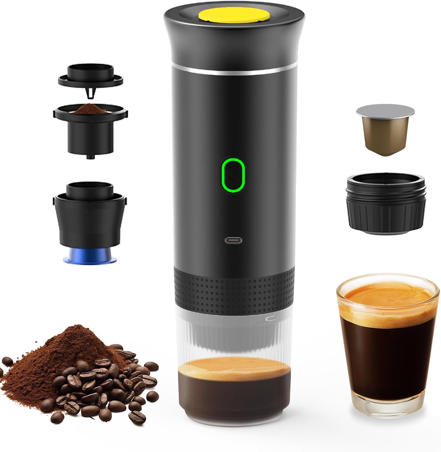 Irishom Portable Coffee Machine with 150ml Cup, 3 in 1 Cordless Electric Coffee Maker Work With Capsule and Ground Coffee Mini Cold Brew and Heating Coffee Maker for Car Home Travel