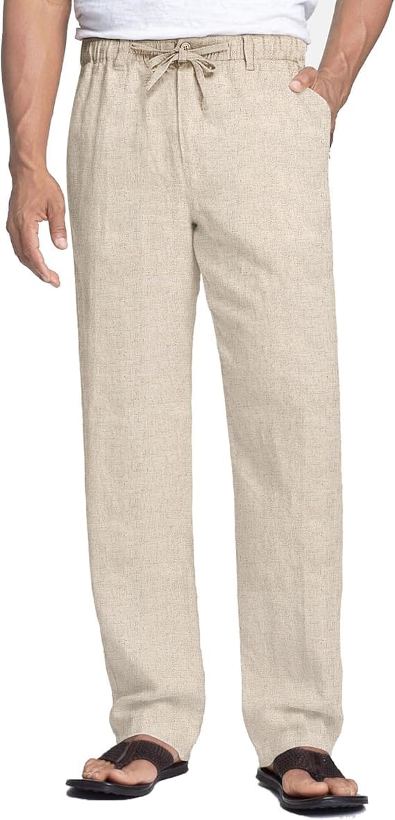 COOFANDY Men's Linen Trousers Loose Fit Summer Casual Elasticated Waist Drawstring Trousers Holiday Beach Linen Pants with Pockets Lightweight