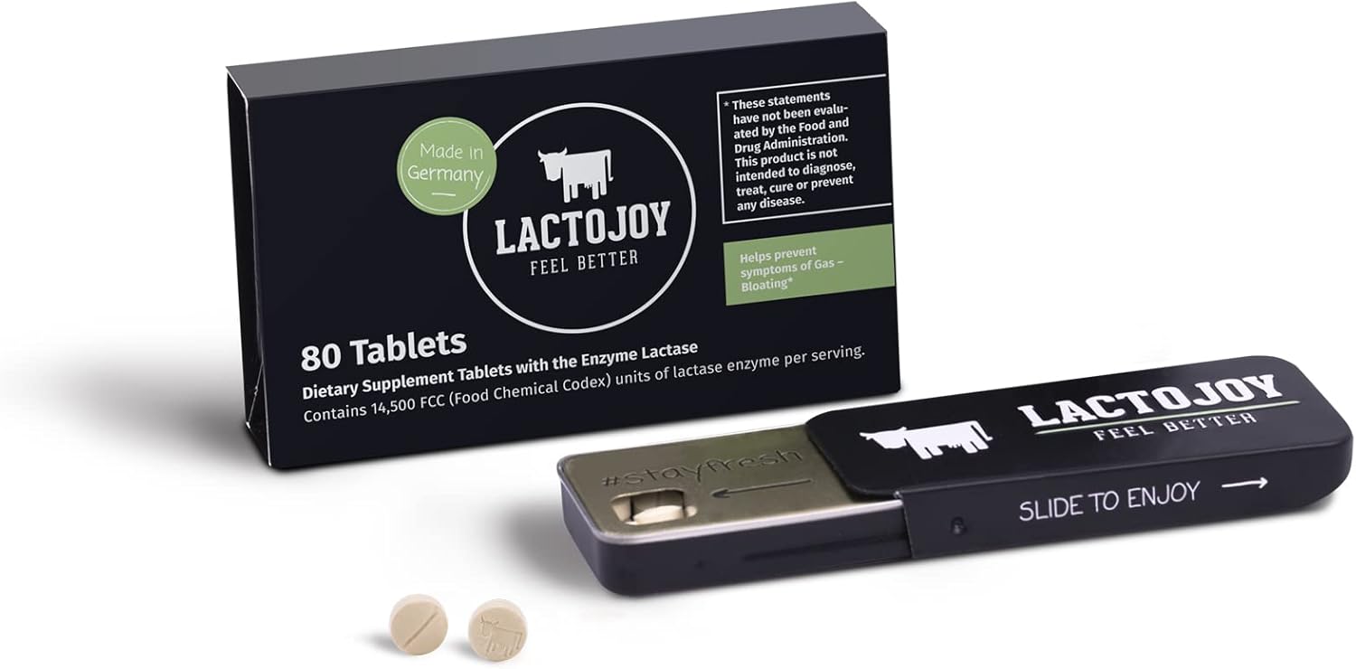 LactoJoy Lactase Pills I 80 Pieces I Powerful Lactase Enzymes for Lactose Intolerance I Ultra Pure Lactase for Improved Digestion I No Silicon Dioxide, No Artificial Flavors, No Sucralose I 100% Vegan