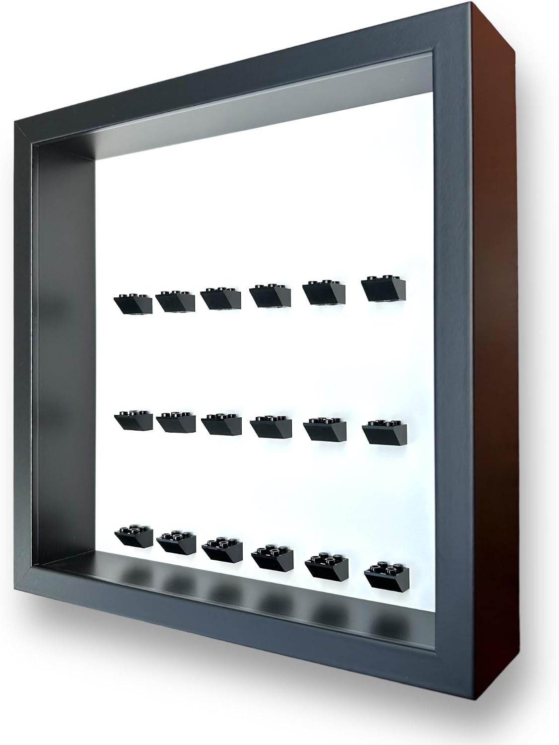 FRAMEPUNK Case - 18 LEGO Minifigure Display - Deep for accessories - Wall Mount or Free Stand - Removable Front - Black Frame, Black Mounts on White