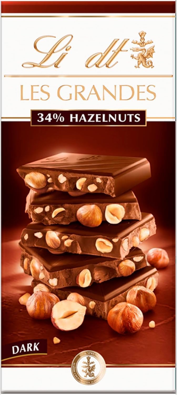 Lindat Les Grandes Dark Chocolate Bar with Whole Hazelnuts, 150g – Premium Swiss Dark Chocolate with Crunchy Nuts
