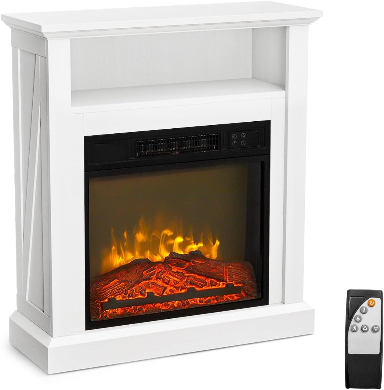 ROVSUN 30'' Electric Fireplace with Mantel, Freestanding Heater with Remote, Timer, 6 Realistic Flame & Adjustable Temperature for Home Bedroom Living Room Indoor, 1400W