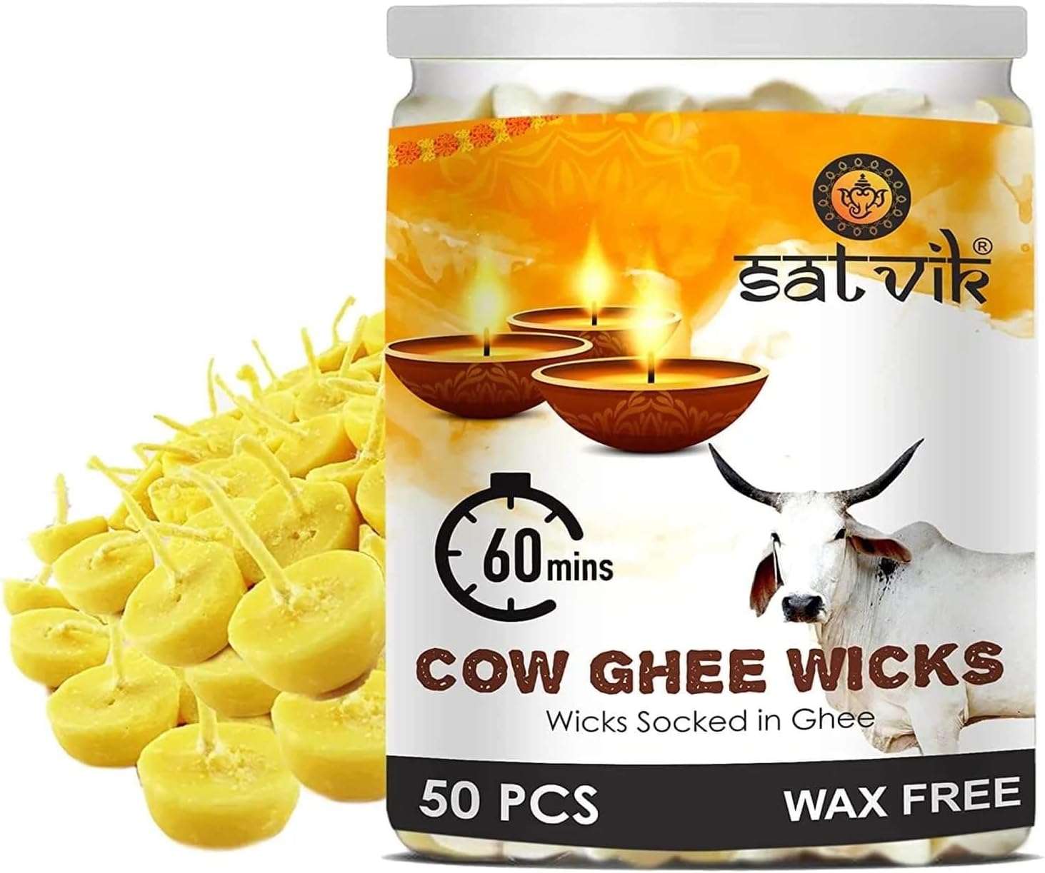 SATVIK 50 Pc Pure Cow Ghee Wicks for Pooja 60 Min Burning Time Home Mandir Nitya Pujan Readymade Ghee Jyot Jyoti Indian Housewarming Return Gift Items Puja Accessories Diwali Diya Cotton Wicks