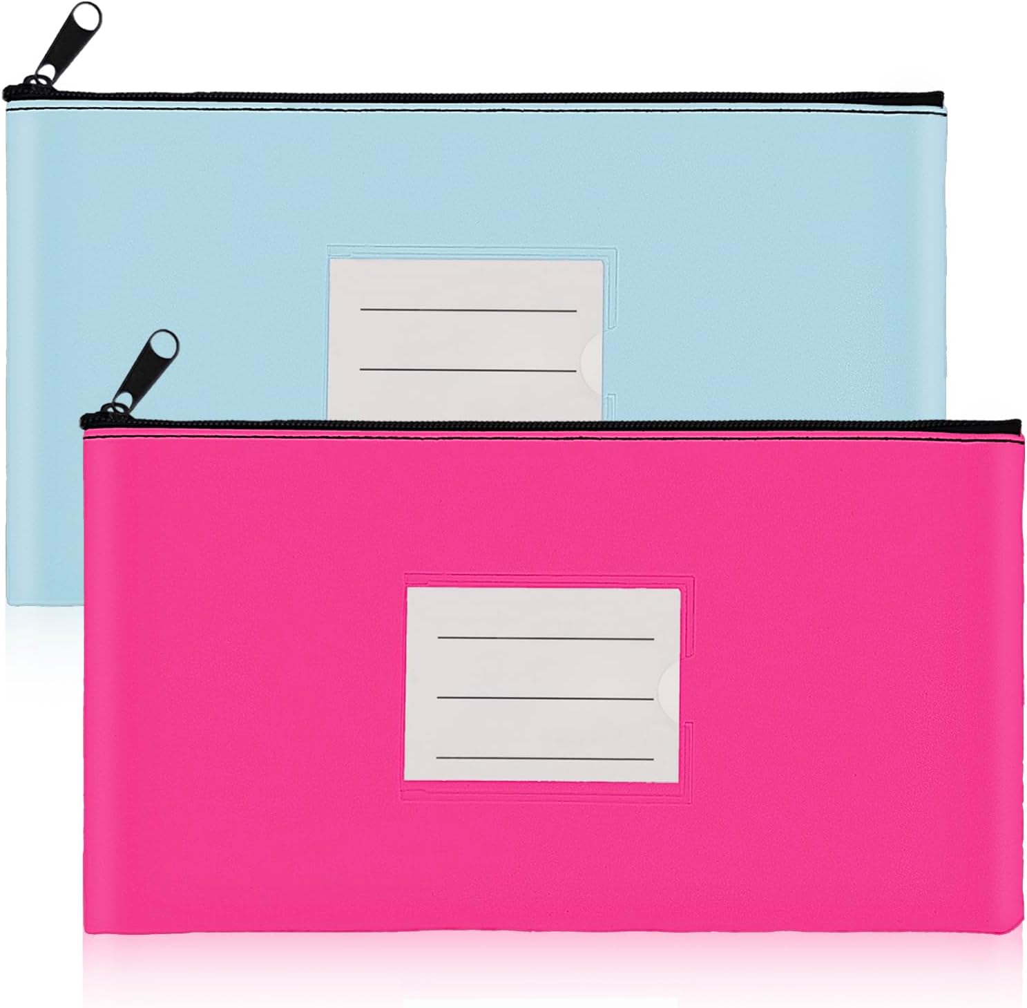2-Pack Bank Deposit Money Bags with Zipper, 11 x 6 Inches, PU Leather Cash Pouches with Label, for Coins, Cosmetics, Bills, Tools, Hot Pink & Light Blue