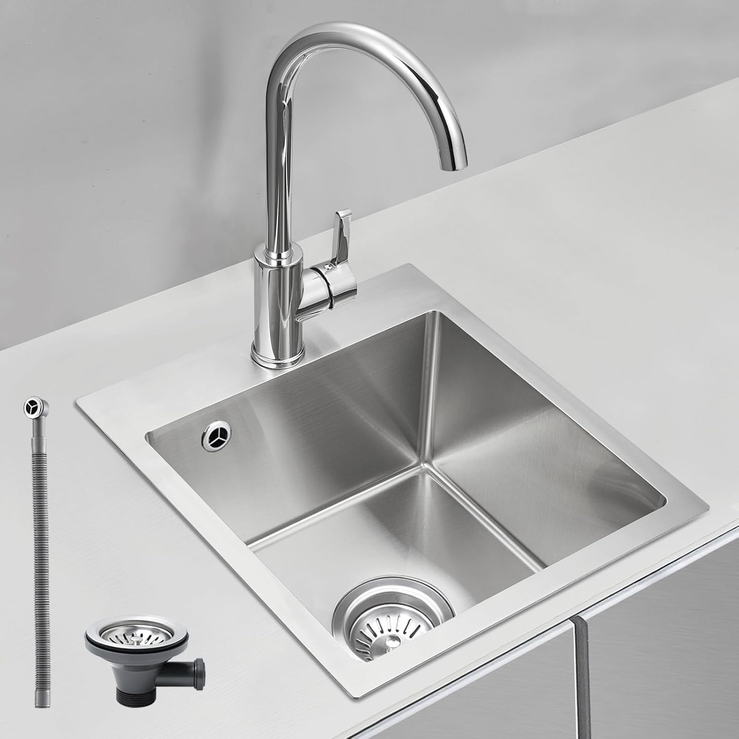 ROVOGO 50 x 40 cm Stainless Steel 304 Kitchen Sink with Basket Strainer Waste and Overflow Kit, Small Sink Kitchen with 3.5 cm Tap Hole, Brushed Single Bowl