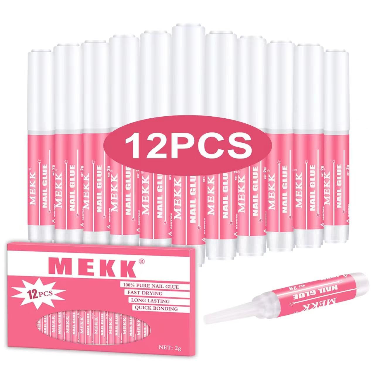 MEKK Nail Glue,Super Strong Nail Glue for Acrylic Nails,Long Lasting Nail Glue for Press Ons,Professional Nail Tip Glue Nail Tech Supplies Adhesive Press On Nail Glue for Nail Tips 0.07OZ/PCS(12PCS）