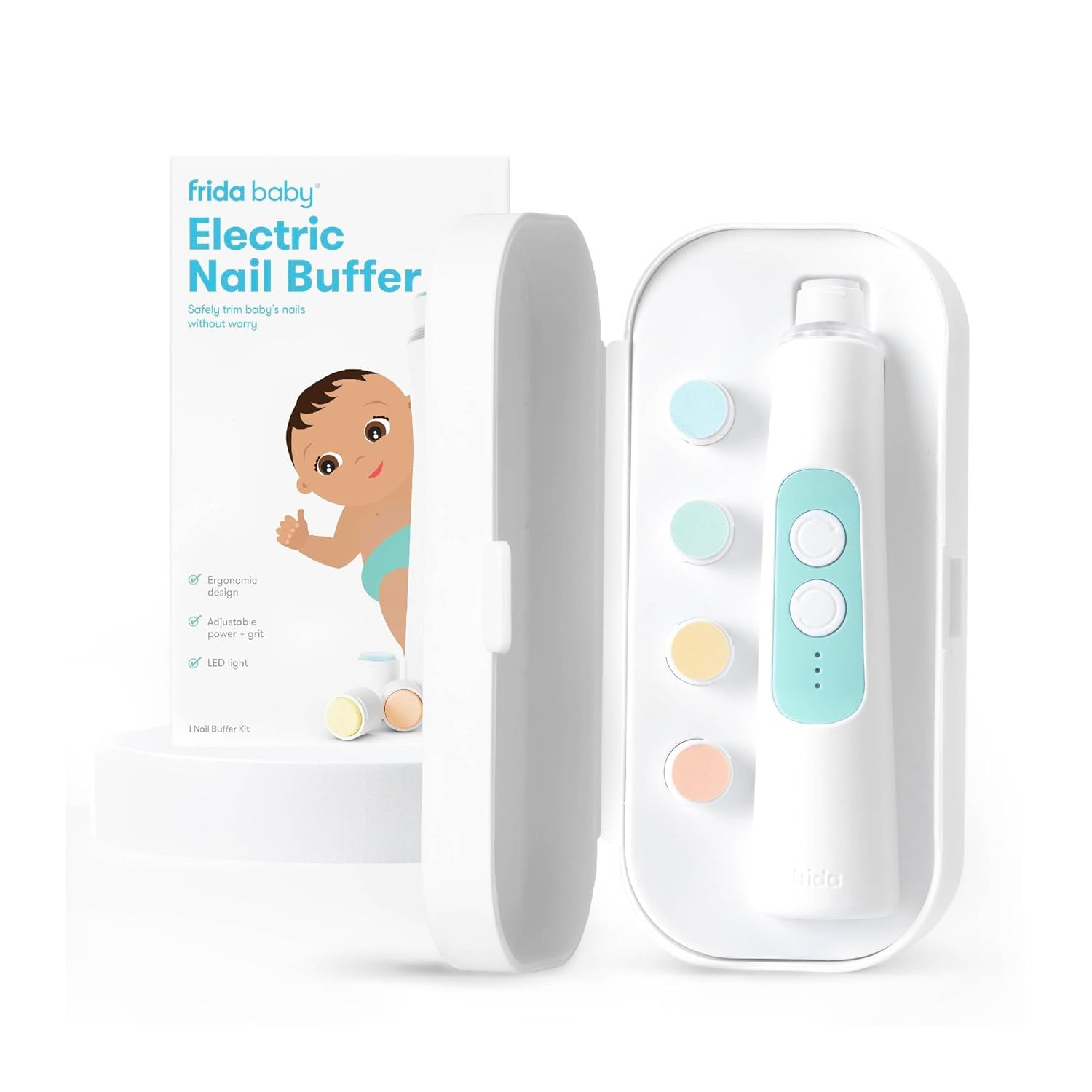 Frida Baby Electric Nail Trimmer, Safe + Easy Electric Nail File Baby Nail Clipper + Nail Trimmer Kit for Newborn, Toddler, or Children's Fingernails/Toenails, 4 Buffer Pads, LED Light, Storage Case
