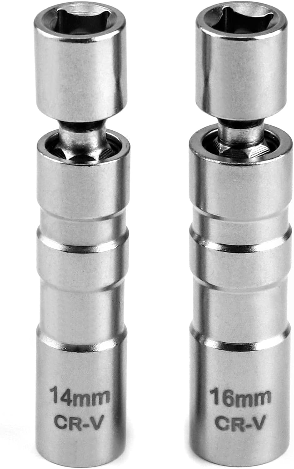 QWORK® 2Pcs Thin Wall Spark Plug Socket, 3/8 Inch 12-Point Universal Joint Magnetic Swivel Socket Removal Tool (14mm & 16mm)