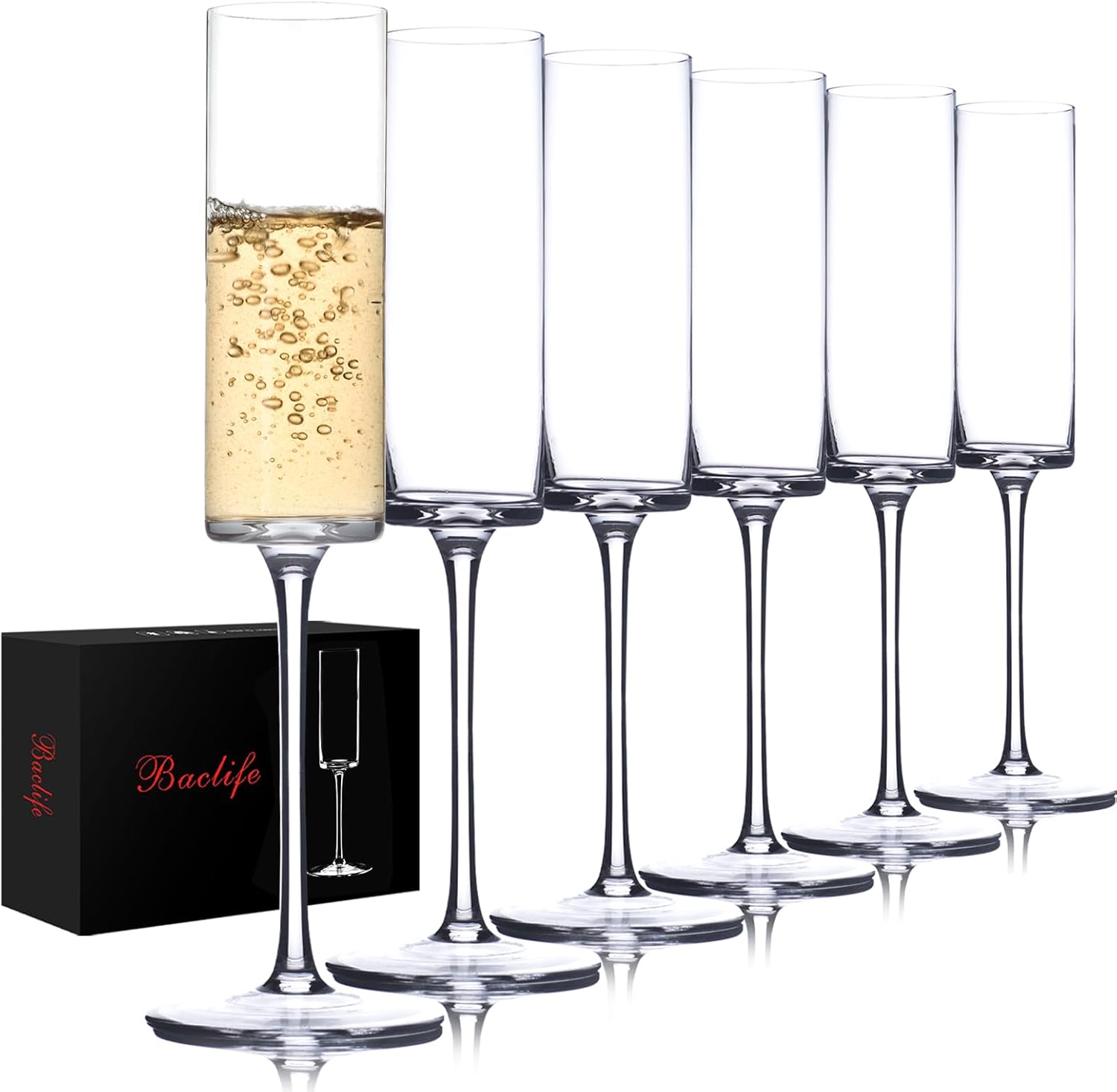 Crystal Champagne Flutes Set of 6 - Hand Blown Champagne Glasses With Long Stem - 6.5 oz Elegant Sparkling Wine Stemware - Unique Gift for Birthday,Wedding, Anniversary - Clear