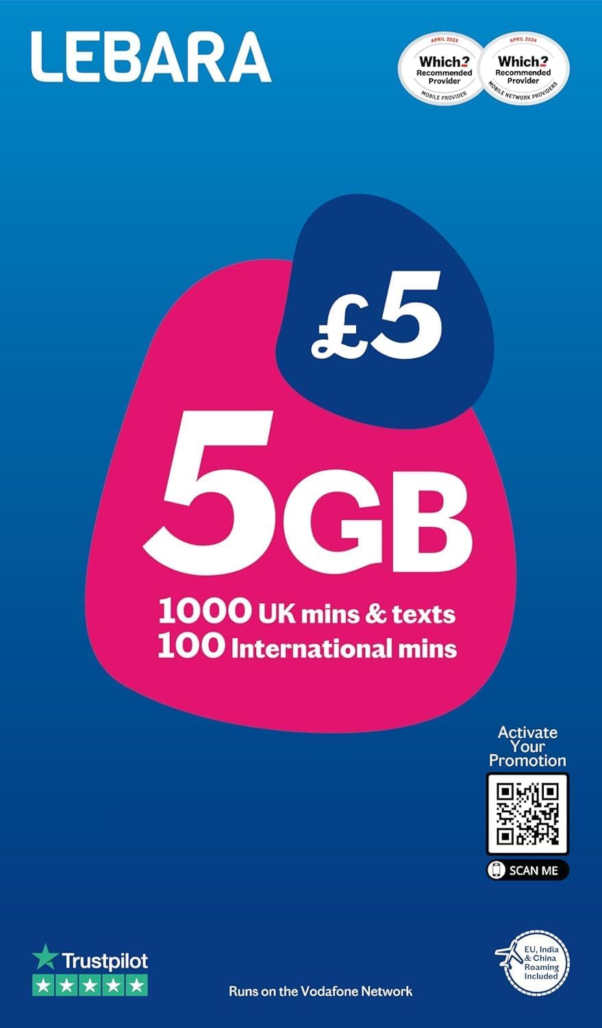 Lebara SIM Card, 5GB for £5, Half Price for First 3 Months, No Contract, Pay when you Activate SIM, Multi-size, Fits All Devices