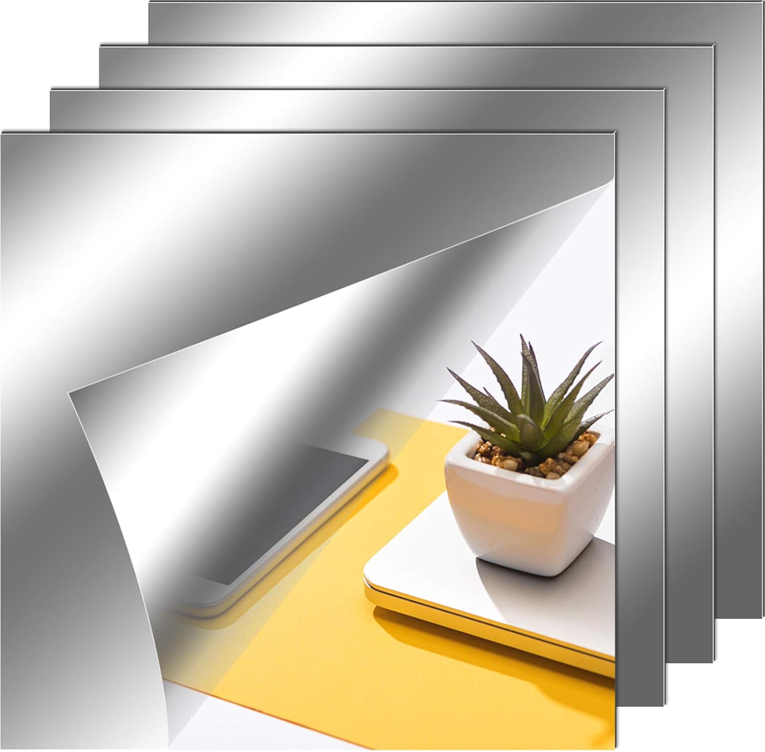 Zonon Flexible Mirror Sheets Self Adhesive Non Glass Mirror Tiles Stickers for Home Wall Decor(4 Pieces,12 x 12 Inches)