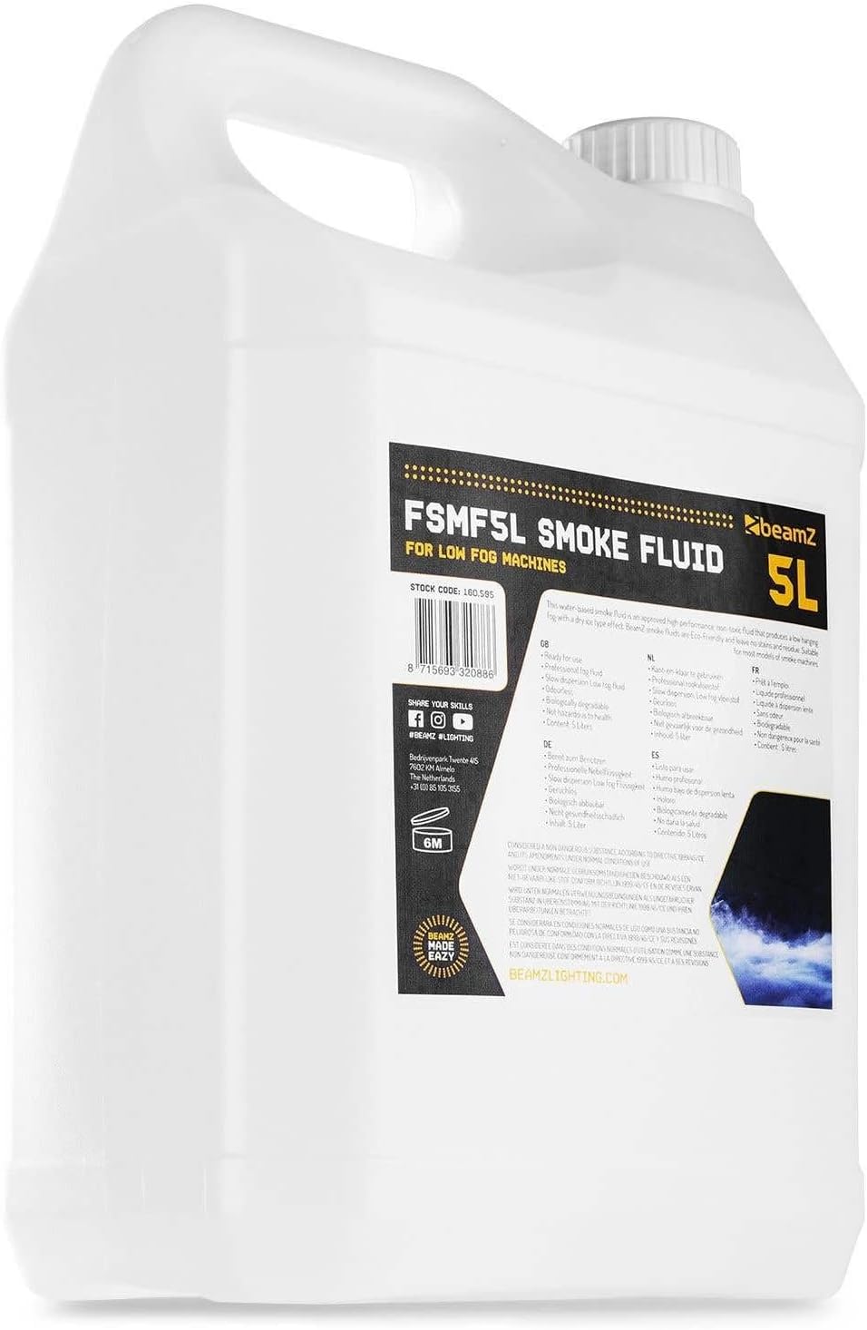 Beamz FSMF5L Smoke Machine Fluid 5L, Eco-Friendly Odourless Fog Machine Liquid, Long-Lasting Dry Ice Effect, Ideal for Stage, Concerts, Weddings, Parties, Low Fog Machines