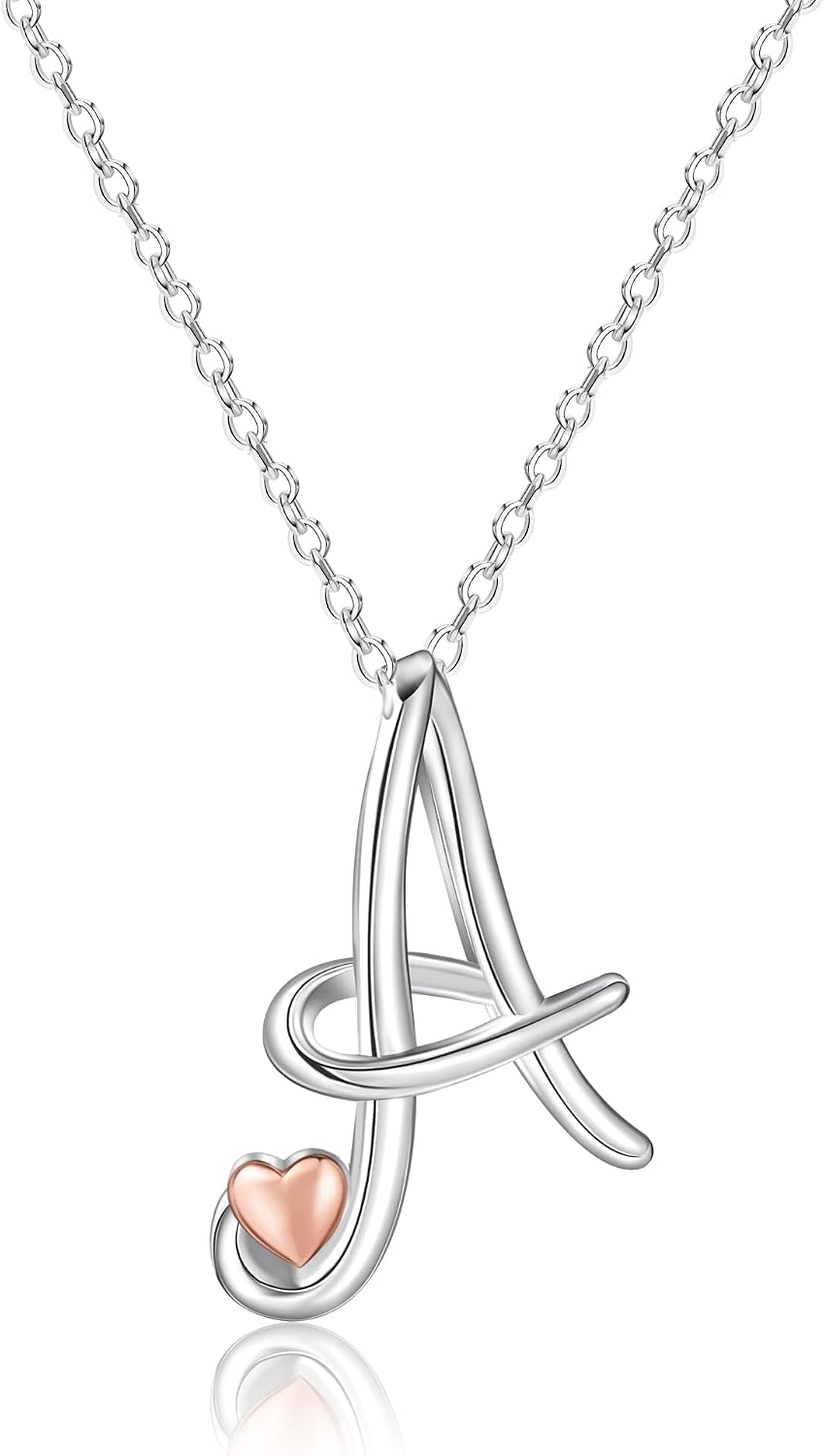 Mesovor Silver Initial Necklace for Women, Sterling Silver Plated Jewelry | Classic Letter Name Pendant Necklace with Rose Gold Heart, Gifts for family Mother Sister Wife, 20 Inch Chain