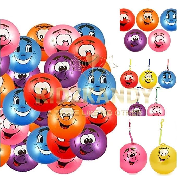 Kids Playing Smiley Face Ball Approx. 10" (25cm) Fruit Scented Ball With Keychain Age 1 2 3 4 5 Years (Uninflated) For Indoor Outdoor Fun, Party Fun - Various Style And Colours - 24 Pcs