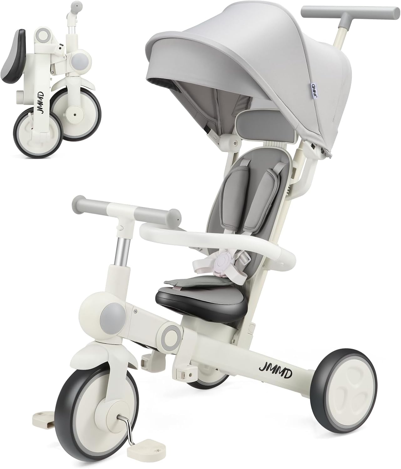 JMMD Baby Tricycle, 7-in-1 Multifunctional Kids Trike with Adjustable Parent Handle, Safety Harness & Wheel Brakes, Removable Canopy, Stroll Trike for Boys & Girls Ages 18 Months-5 Years, Gray