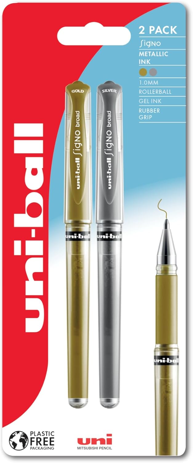 uni-ball Signo Metallic Gel Pens. Premium 1.0mm Rollerball Tip for Super Smooth Handwriting, Arts and Crafts, Journaling, Christmas Card Making, Scrapbooking, and Colouring. Pack of 2 Gold & Silver