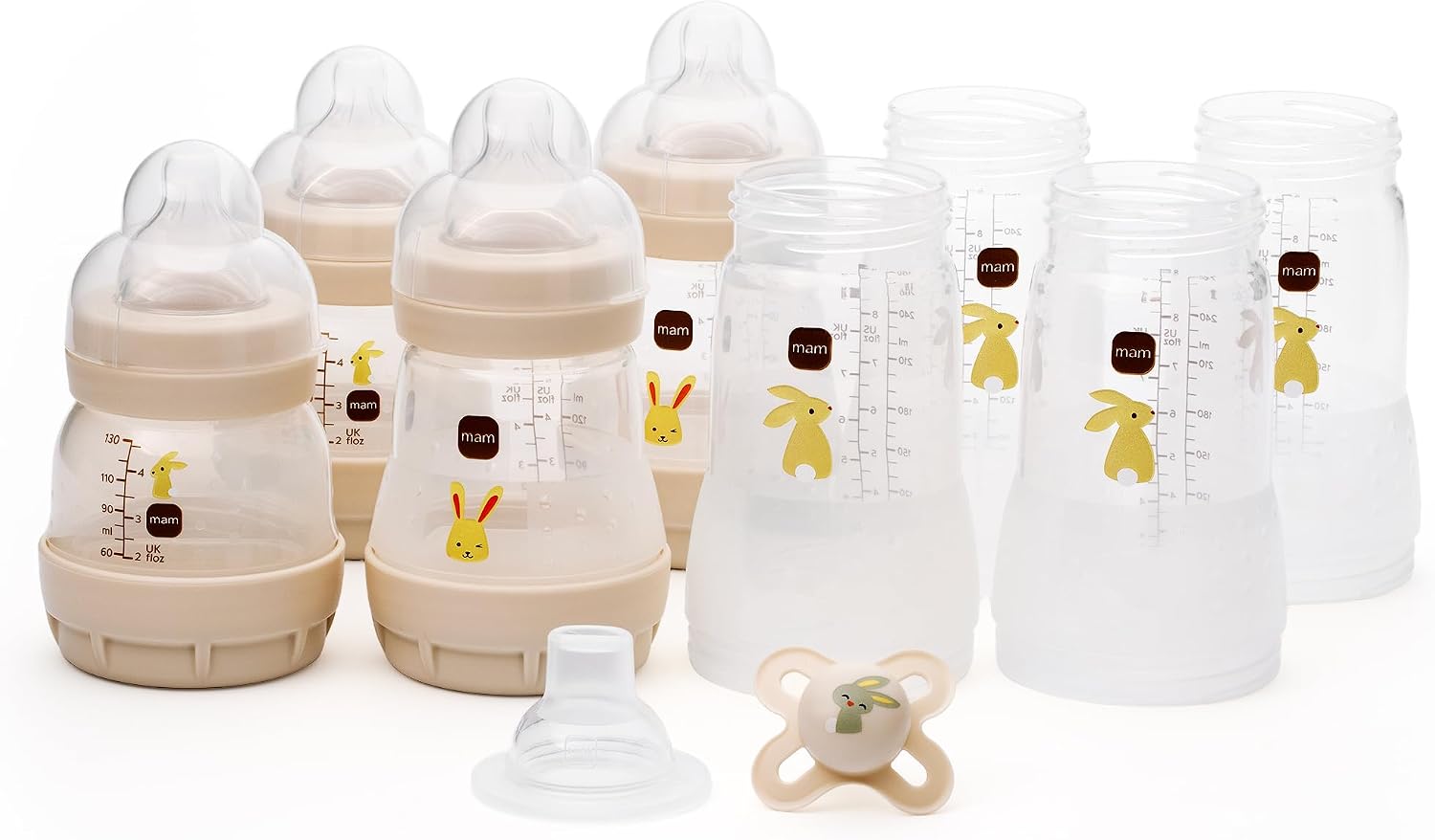 MAM Easy Start Anti-Colic Bottle Starter Set | Includes 4X Feeding Bottles and MAM Original Start 0-2 Month Soother | Self-Sterilising | Baby Gift Set of Newborn Essentials | White (Various Designs)