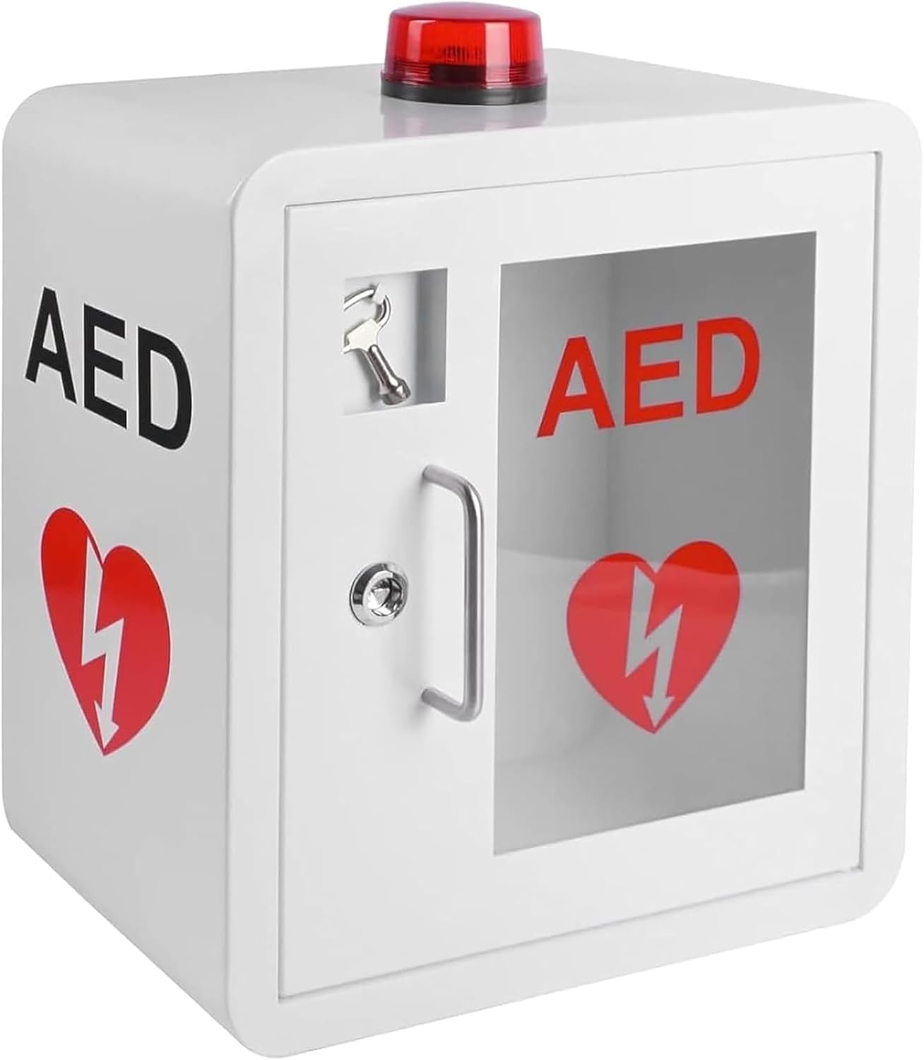 AED Defibrillator Wall Cabinet, Alarmed AED Cabinet, Wall Mounted AED Defibrillator Storage Cabinet with Key and Alarm, Rounded Corner Design, for Home, Office, Hospital