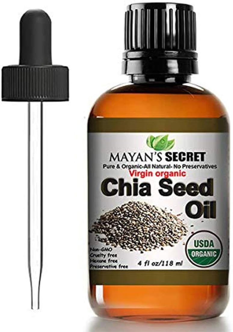 Mayan's Secret Chia Seed Oil, USDA Certified Virgin Organic,100% Pure & Natural, Cold Pressed Virgin, Unrefined in Amber Glass Bottle w/Glass Eyedropper for Easy Application (4 oz /118 ml)
