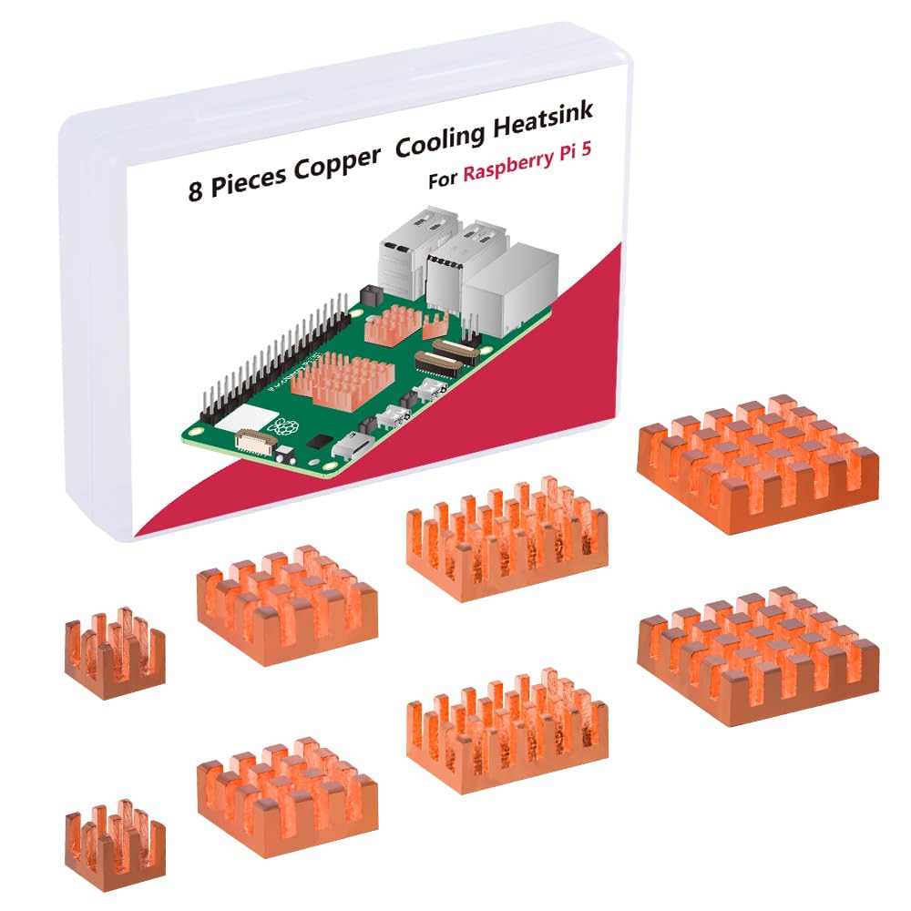 GeeekPi 8pcs Pure Copper Heatsinks for Raspberry Pi 5, Heatsinks CPU Cooler with Thermal Conductive Adhensive Tape for Raspberry Pi 5