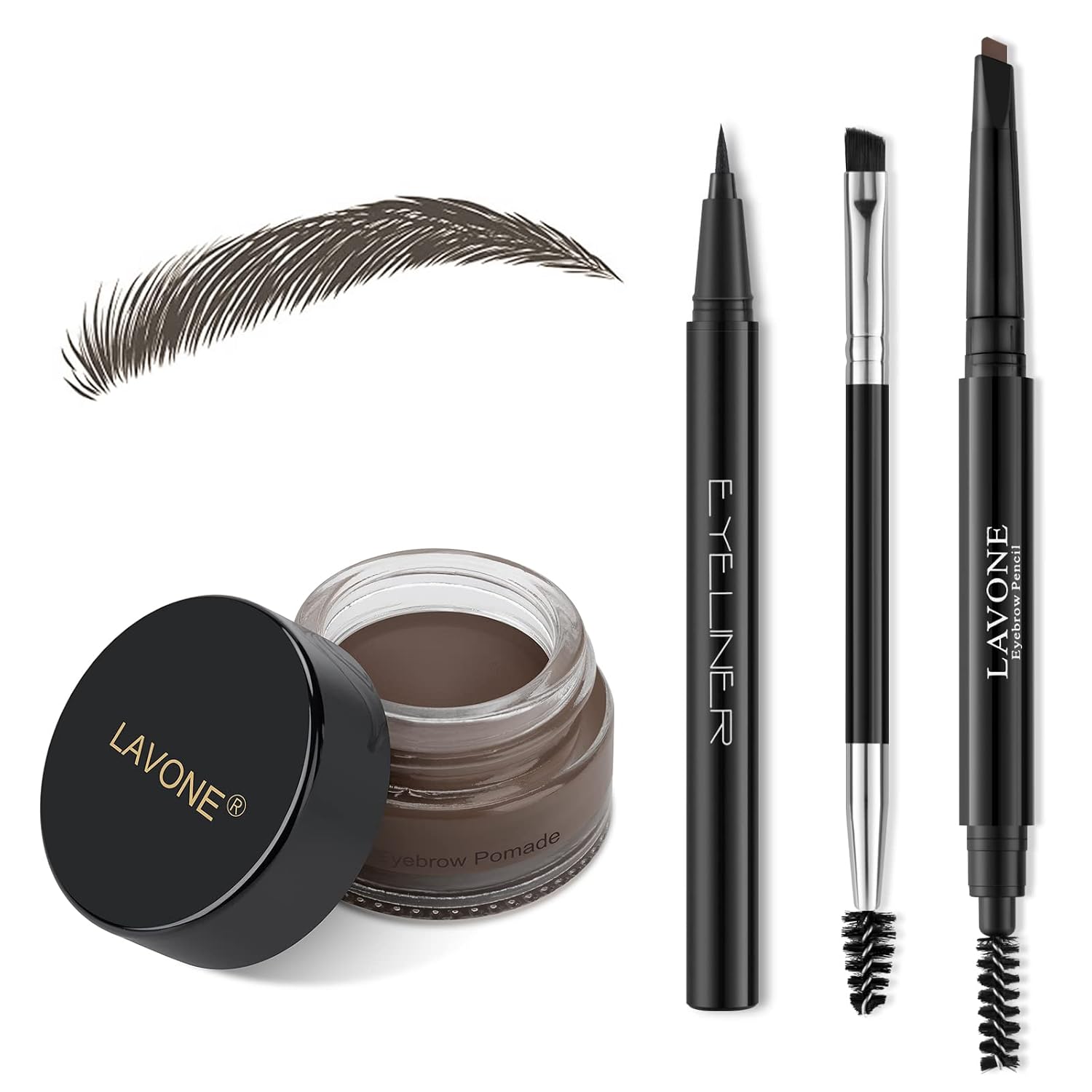LAVONE Eyebrow Kit, Waterproof Brow Pencil, Pomade, Eyeliner - Black Brown
