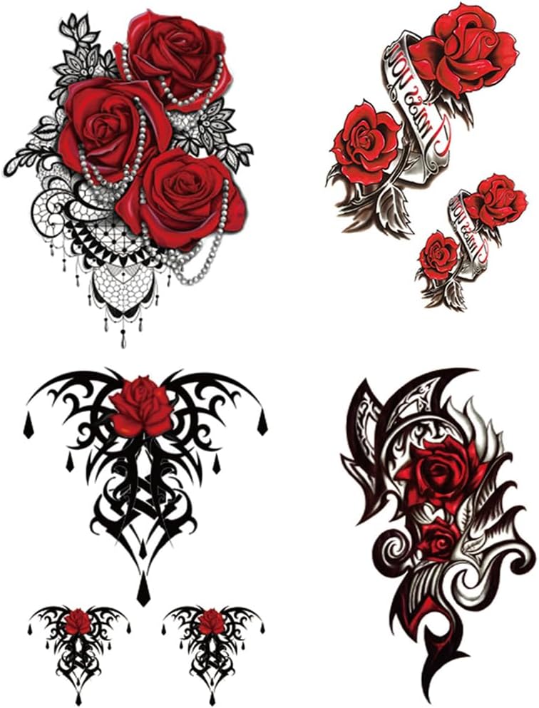Yesallwas 4 Sheets Large Temporary Tattoo Sticker Fake Tattoos for Women Girls Models,Waterproof Long Lasting Body Art Makeup Sexy Realistic Arm Tattoos -Rose, Flowers,Jewelry 5.9x8.26inche (A)