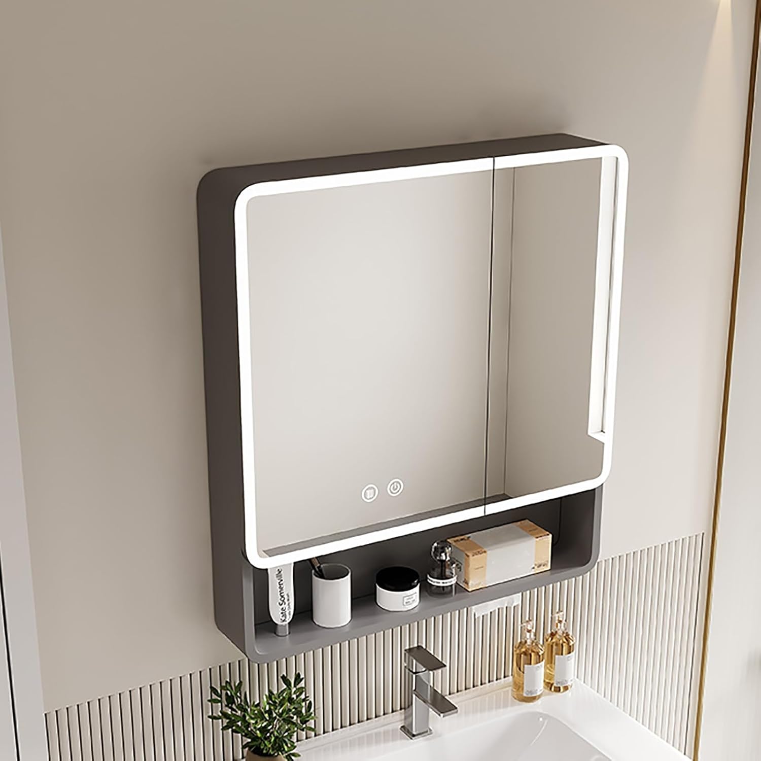 LLYLAFDC Medicine Cabinet With Lights, Wall Mirror Storage Shelf，bathroom Mirror With Storage，Mount For Bathroom Vanity And Modern，antifog Open Storage Hanging Shelf Storage Cabinet(Grey,31.4in/80cm)