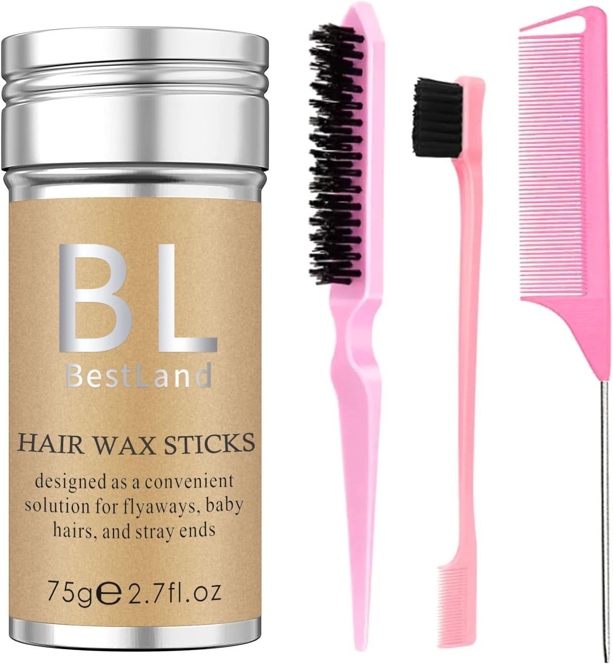Hair Wax Stick & Pink Brush Set -Versatile Hair Styling Kit, Long-Lasting Anti-Frizz, Non-greasy Wax Stick for Women Girls (75g Pack)