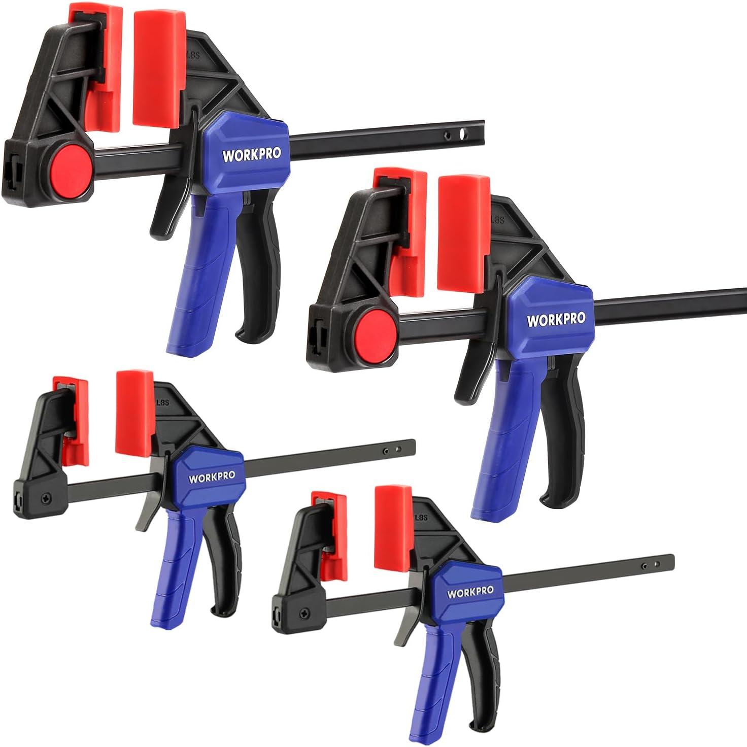 WORKPRO 4-Piece Clamps for Woodworking, 150 mm x2 & 120 mm x2, One-Handed Clamp/Spreader, Wood Clamps Set, Light-Duty Quick-Change F Clamp 23/68 kg