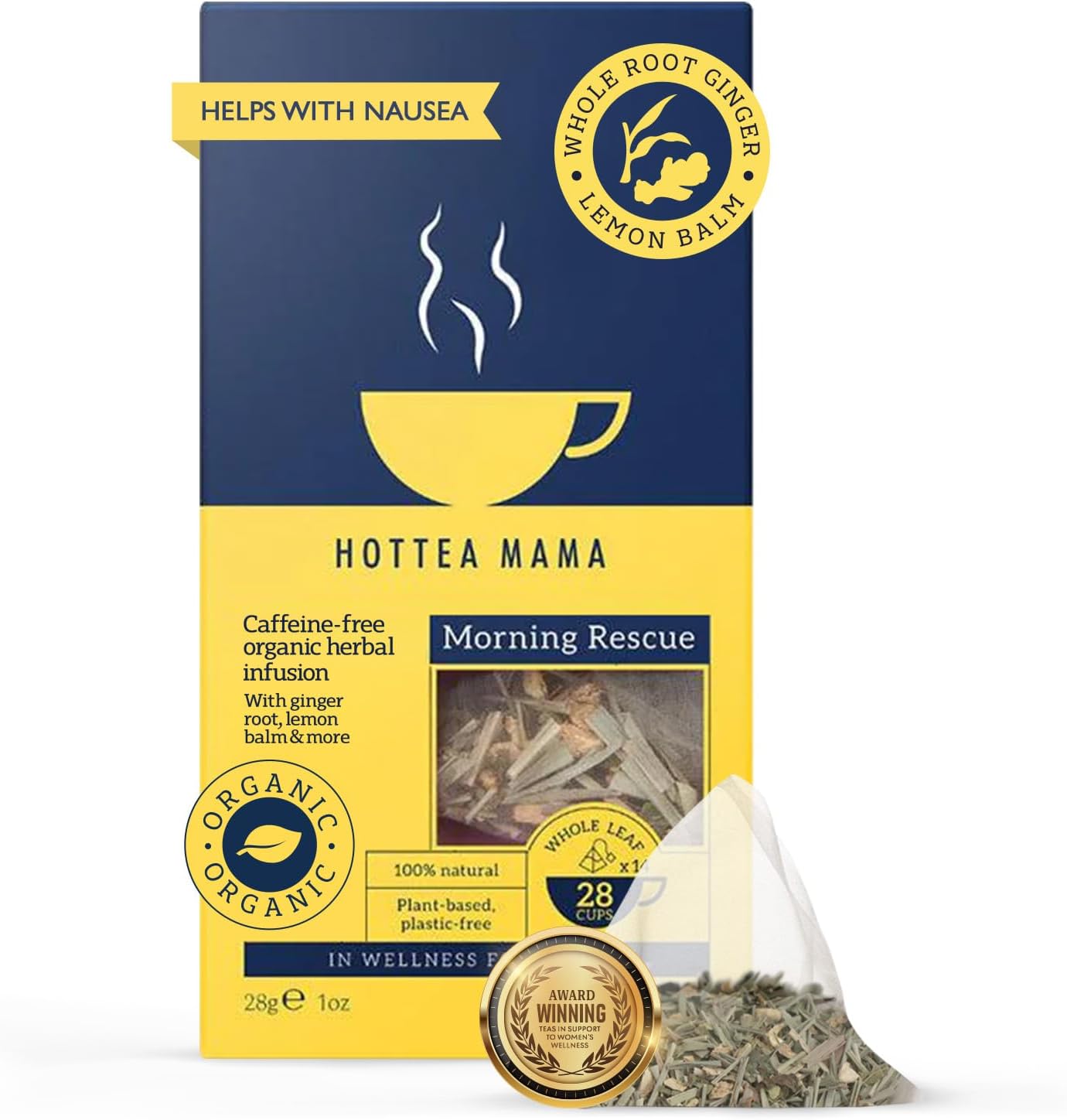 HOTTEA MAMA | Morning Rescue | Organic Lemon & Ginger Tea | Pregnancy Nausea Relief, Heart Burn, Digestion | Caffeine Free | 14 Whole Leaf Biodegradable Bags (28 Cups Of Tea)
