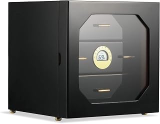 Woodronic Cigar Humidor for 50-100 Cigars, Desktop Cigar Cabinet with Digital Hygrometer, Crystal Gel Humidifier, Spanish Cedar Lined Trays & Dividers, Polished Piano Black, Gift for Fathers