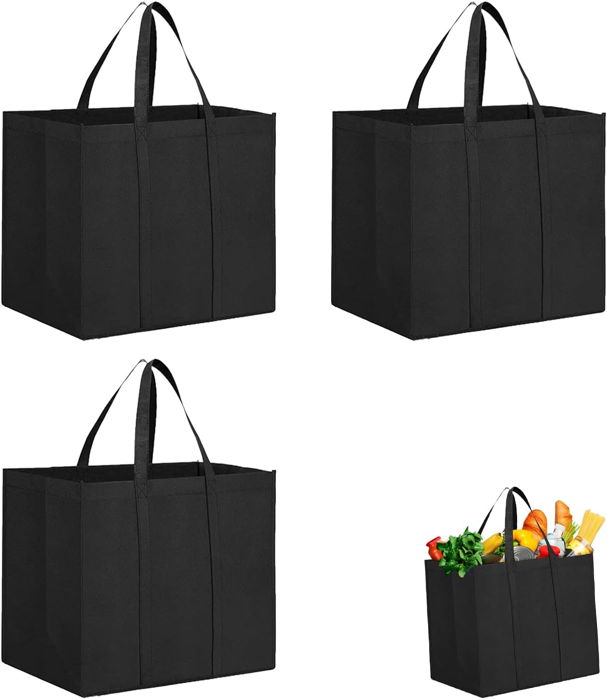 3 Pcs Black Reusable Grocery Bags Shopping Bag, Non-Woven Shopper Bags, Champagne Storage Bag, Foldable, Stands Upright, Black Reusable Felt Gift Bags for Life, Family, Holiday, Picnic, Camping