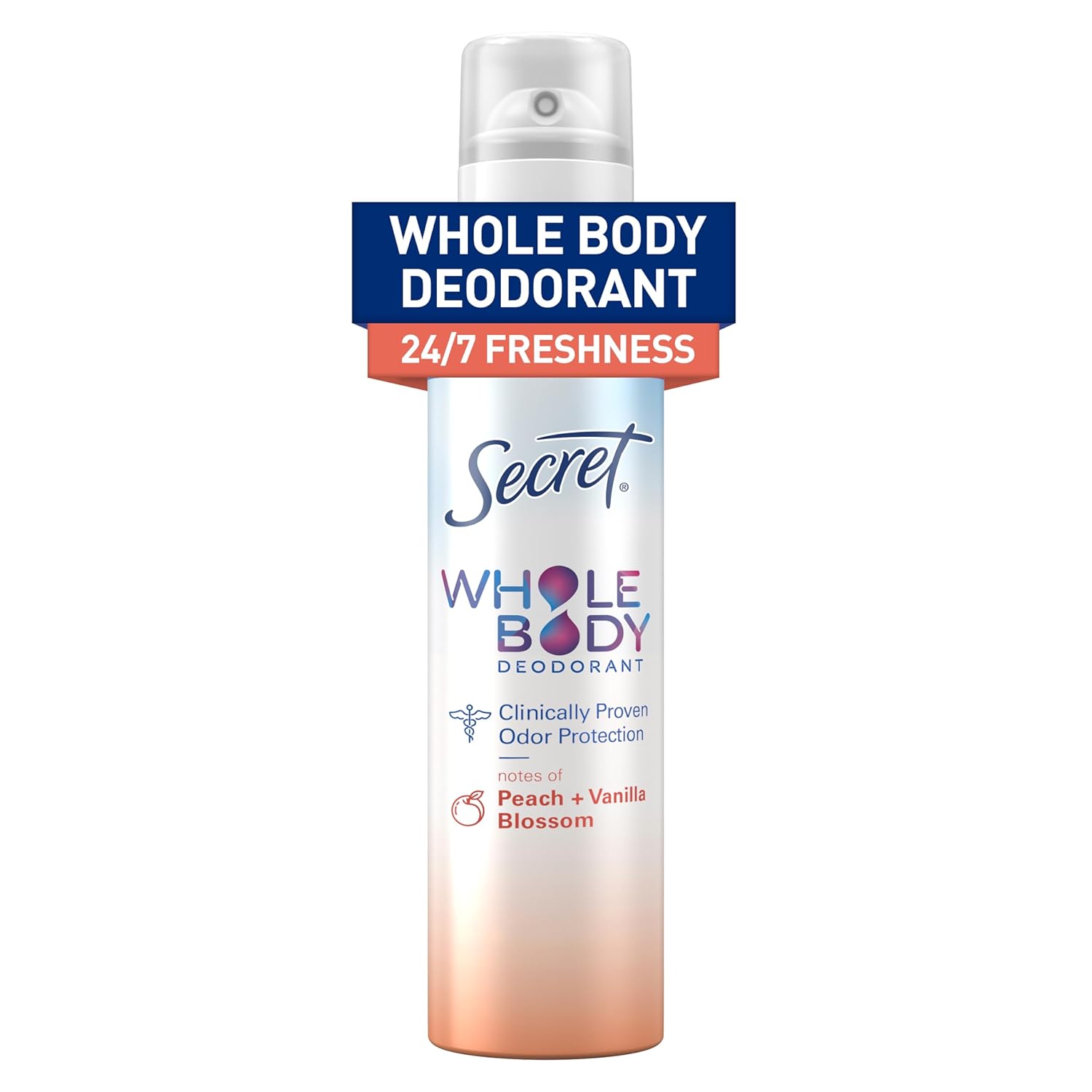 Secret Whole Body Deodorant Spray for Women, Peach & Vanilla Scent, Aluminum Free Deodorant Spray, 72 HR Odor Protection, 3.5 oz