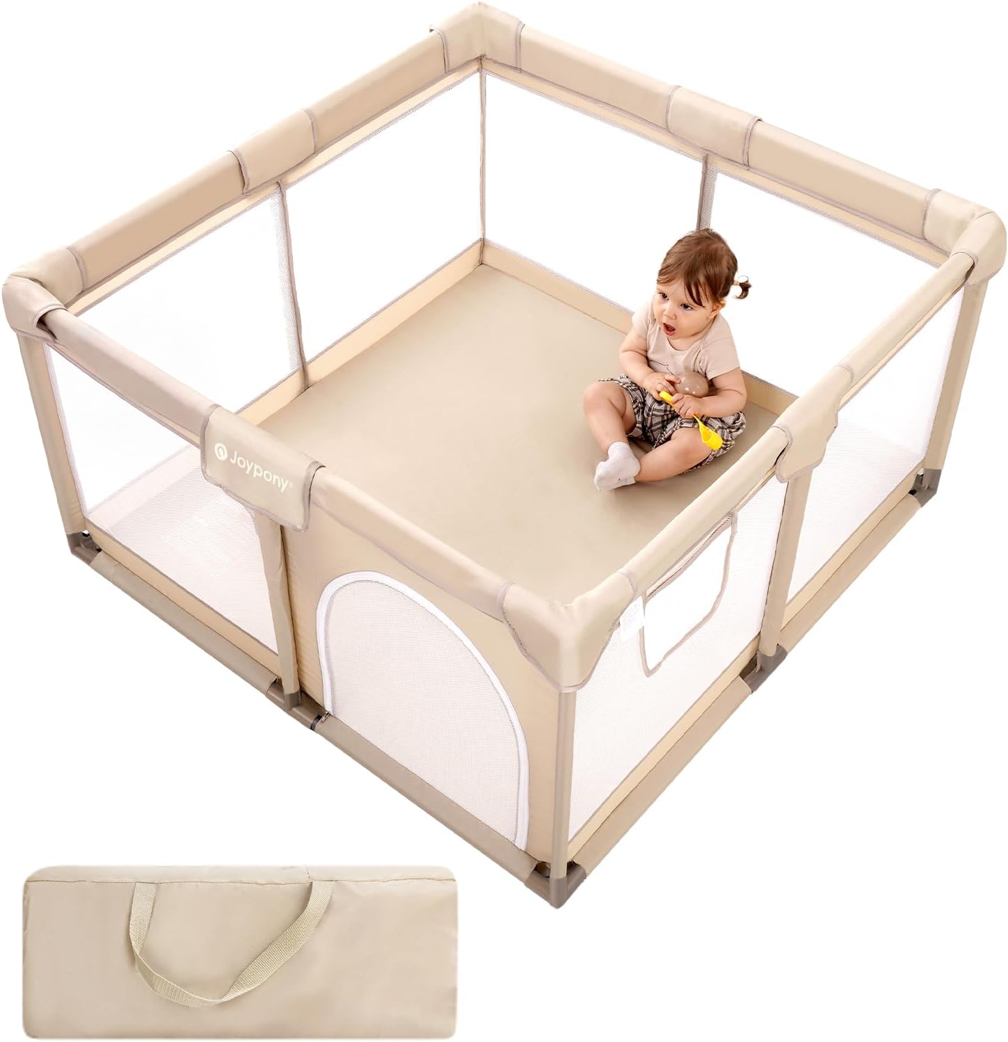 Joypony Baby Playpen, 127 x 127 cm, Baby Playpen with Breathable 360° Mesh, Non-Slip Suction Cups, Stable Play Area for Babies and Toddlers, Indoor Playpen, Light Beige