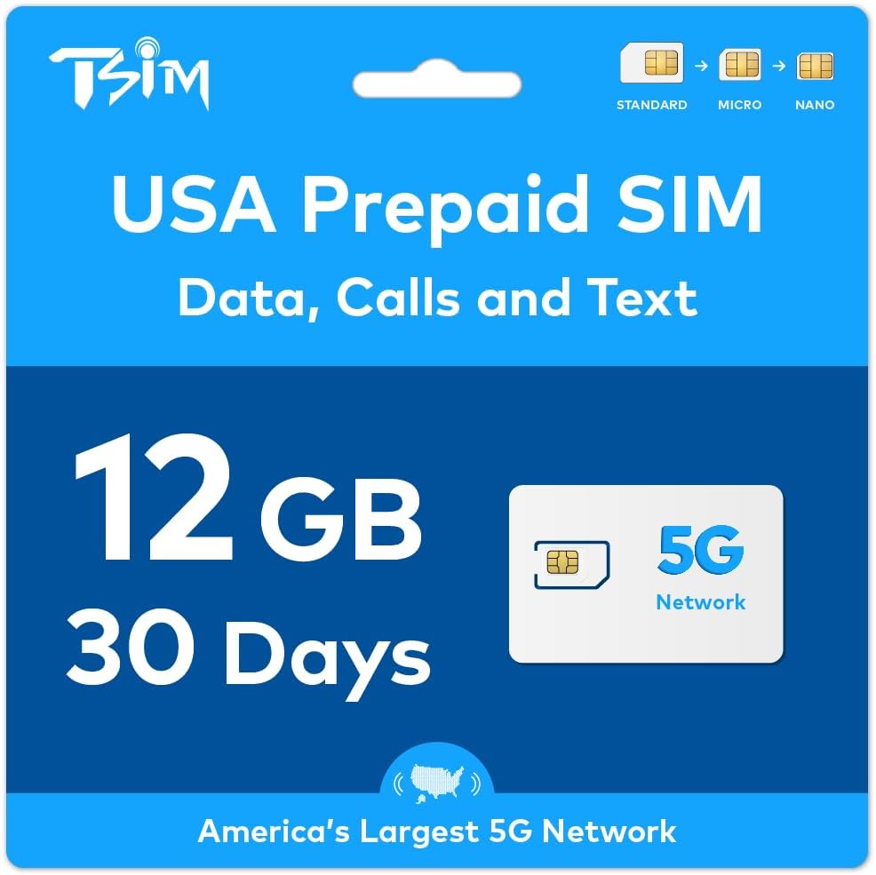 TSIM Prepaid USA SIM Card for Travel | 12GB High Speed Data + Unlimited Local Calls and Text for 30days | Get Local USA Number and Hotspot Sharing Allowed
