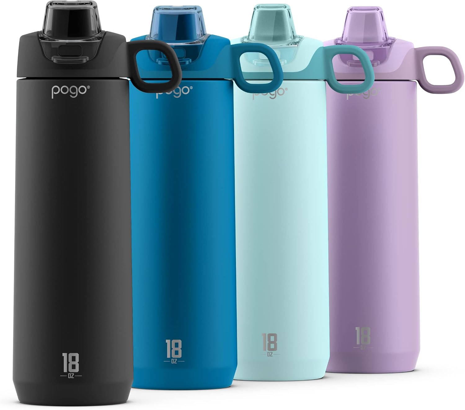 Pogo Active Vacuum Insulated Stainless Steel Water Bottle with Leak Proof Chug Lid and Silicone Carry Loop, Powdercoat, Black, 18 oz