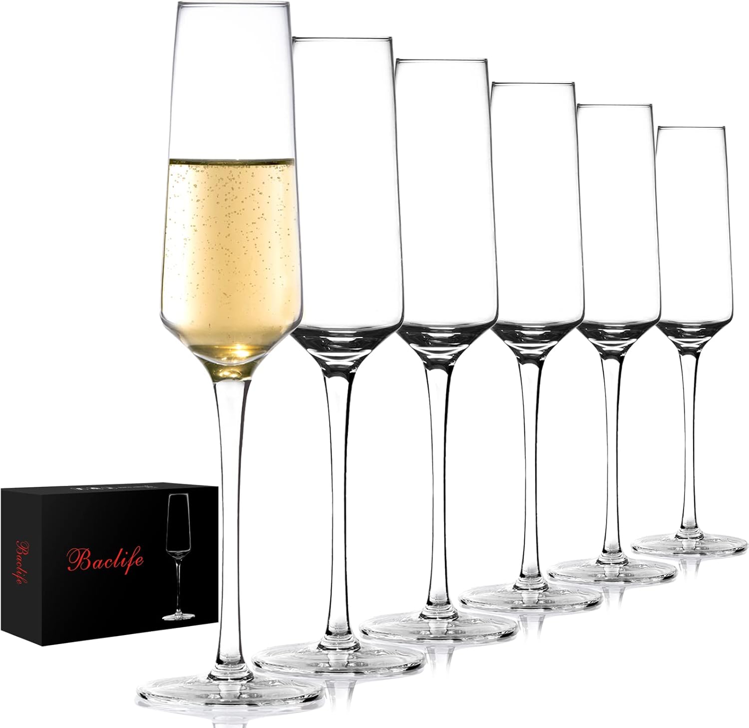Champagne Flutes - Hand Blown Elegant Champagne Glasses Set of 6 - Unique Gift for Birthday,Wedding, Mother’s Day - Ideal for Wine Tasting,Daily Use - 7.5 oz, Clear