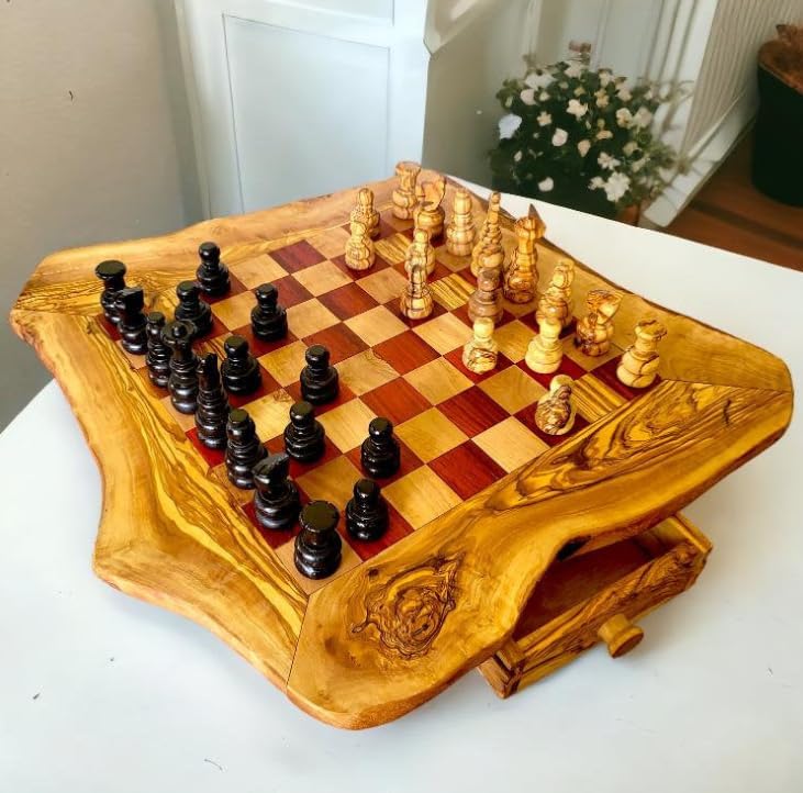 Handcrafted Olive Wood Chess Set with 32 Hand-Carved Pieces | Rustic Chess Board with Storage Drawers | Multiple Sizes | Red/Black | Premium Tabletop Chess Game (33x33cm - Playing area 20x20cm, Red)