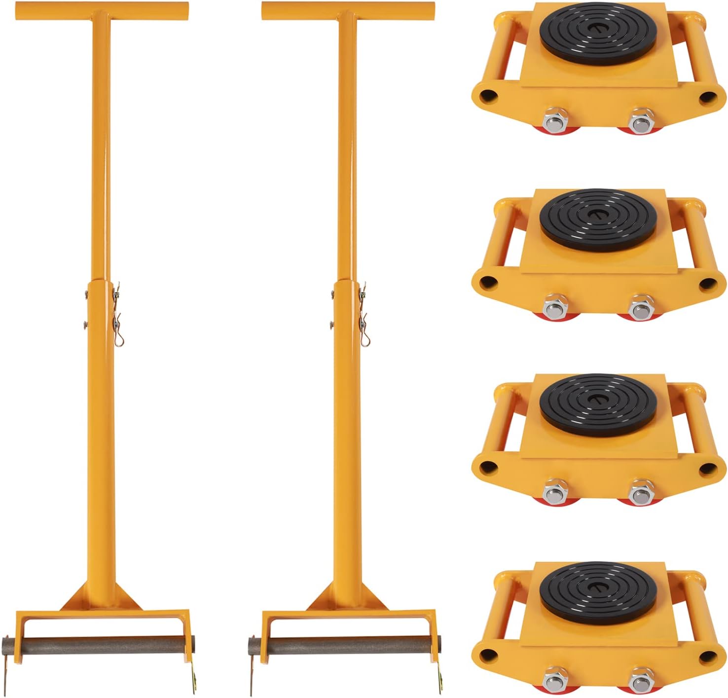 4PCS Machinery Skates with 2 Steering Handles, 6T/13200LBS Heavy Duty Machinery Mover Skate w/360° Rotation & PU Rollers, Industrial Moving Equipment for Machine Relocation, Yellow