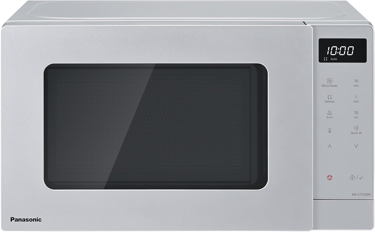 Panasonic NN-ST23QMBPQ 20L Solo Microwave Oven with Glass Tray, 800W, Auto Defrost, 8 Auto Programmes, LED Display, 5 Power Settings, Digital Timer, Silver
