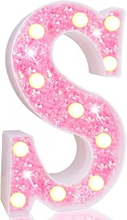 Pooqla LED Marquee Letter Lights, Light Up Pink Letters Glitter Alphabet Letter Sign Battery Powered for Night Light Birthday Party Wedding Girls Gifts Home Bar Christmas Decoration, Pink Letter S