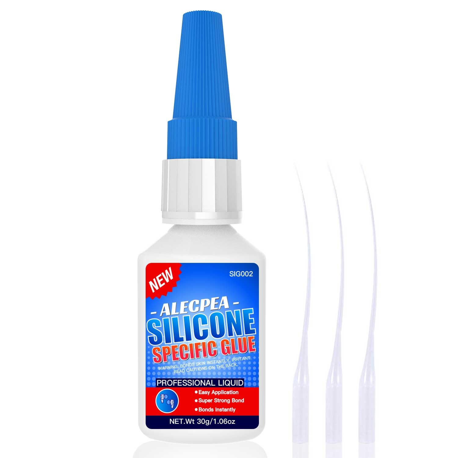 30g Silicone Glue - Fast-Bonding & Weatherproof Adhesive for Silicone, Silicone Rubber, Liquid Silicone, CAR, TPU, TPR, TPE - Quick Set in 15 Seconds, 3 Applicator Nozzles