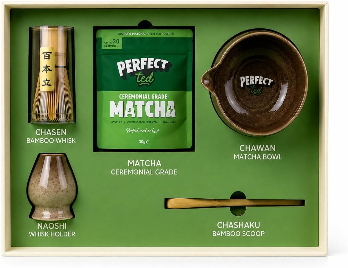 PerfectTed Matcha Set | Ceremonial Grade Matcha | Whisk, Bowl, Bamboo Scoop & Whisk Holder | Japanese Matcha