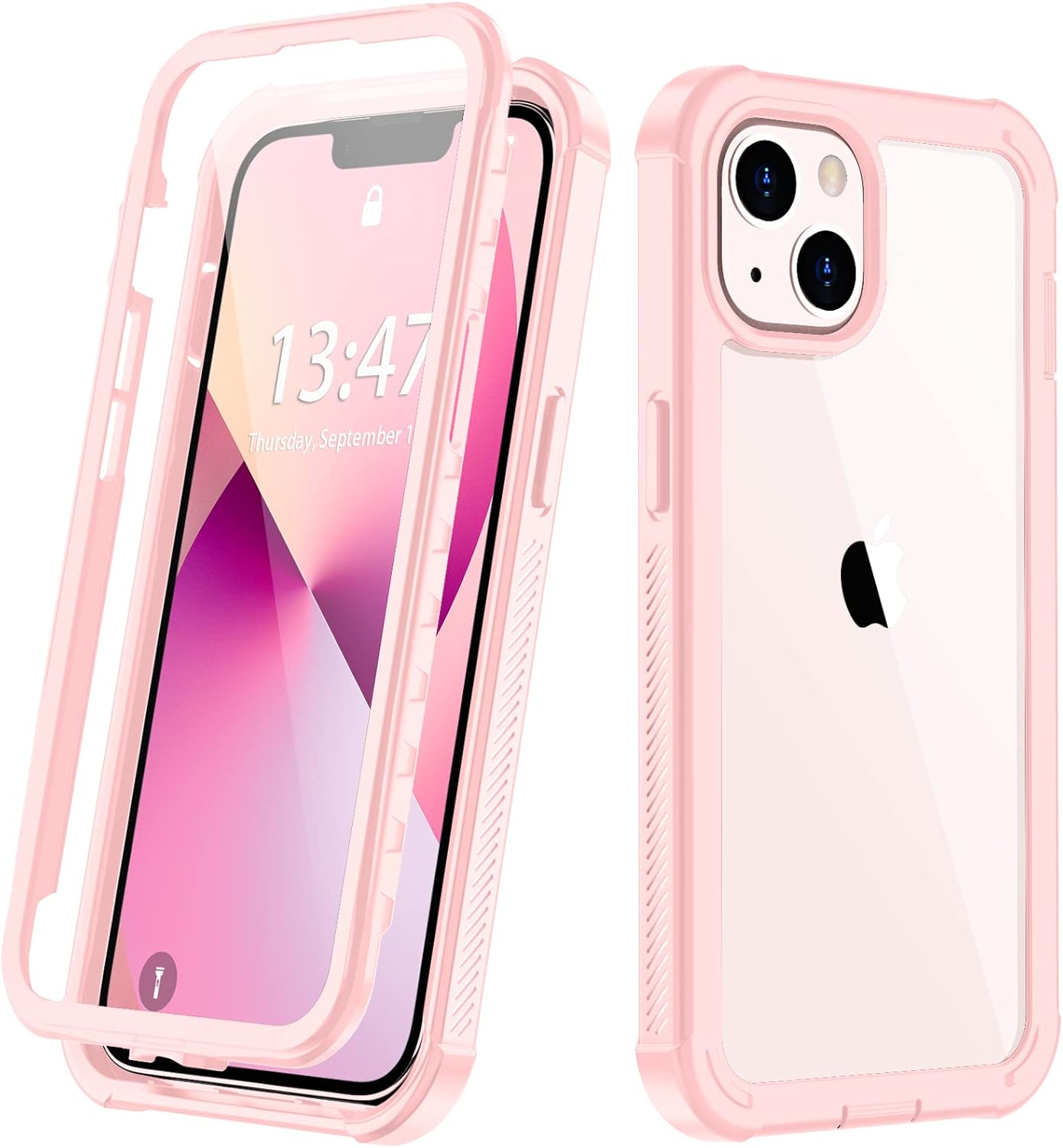 iPhone 13 Full Body Bumper Case, Anti-Scratch Screen Protector, Slim, Shockproof, Dustproof, Lightweight, Pink