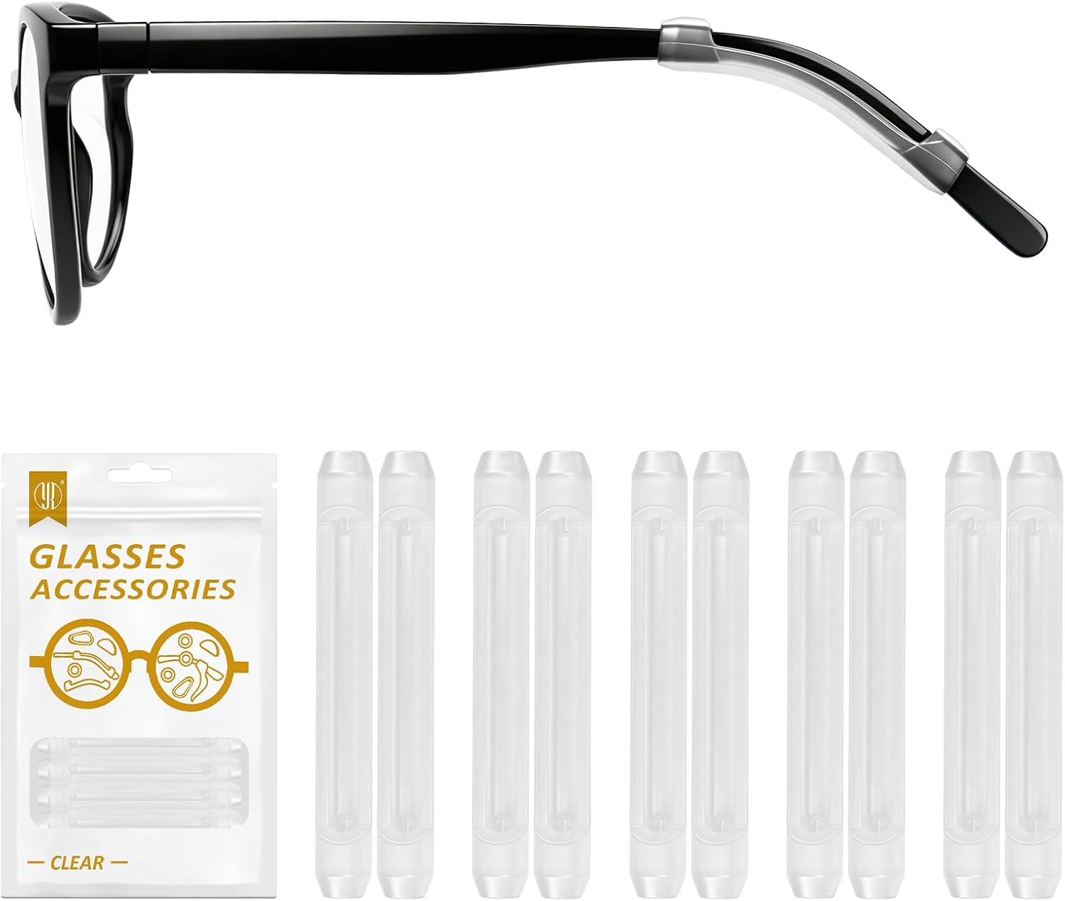 YR Soft Silicone Eyeglasses Temple Tips Sleeve Retainer, Anti-Slip Elastic Comfort Eyeglass Ear Grippers for Eyeglasses Sunglasses Reading Glasses Eyewear, 5 pairs - Clear